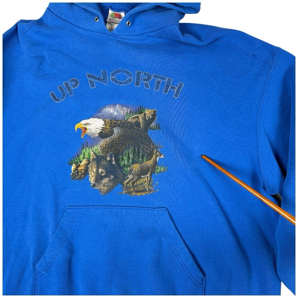 Vintage Fruit of the Loom Mens Wildlife Graphic Hoodie Size 2XL Blue Y2K Outdoor - Picture 16 of 16